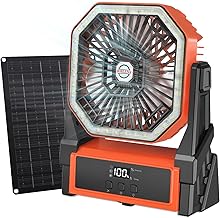 Solar Camping Ventilator mit 10W Solarpanel & Licht, Ventilator Akku 10000mAh,4-Gang USB Tischven…