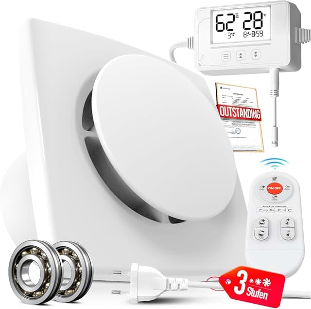 Badlüfter mit Feuchtigkeitssensor Temperatursensor Timer – 3 Stufen WC Lüfter 100mm mit Fernbed…