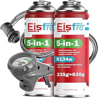 5in1 – Kältemittel R134a + Schlauch, 2x 235 g für Auto Klimaanlage mit Öl, Dichtungsmittel, UV…
