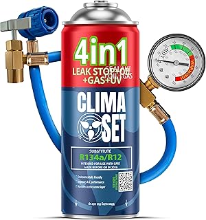CLIMASET – 4in1 R134a Kältemittel, Öl, Dichtmittel mit UV Farbstoff + Schlauch – Auto Klima Sel…