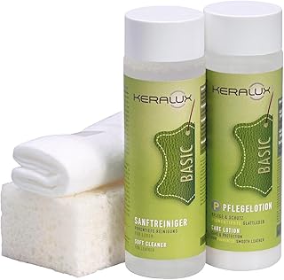 KERALUX 4-Teiliges Pflegeset P für Pigmentierte Glattleder | 200 ml Reiniger, 200 ml Pflege, Sch…