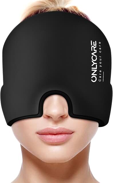 ONLYCARE Migräne Maske, Upgraded Kühlmaske Schlafmaske Kühlmütze Kühlhaube | 360° Gel Surro…
